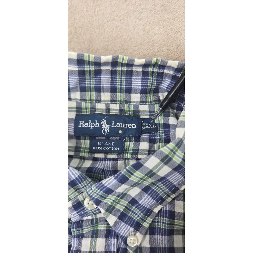 Vintage Polo Ralph Lauren Blake Polo Shirt Men 2XL Blue Plaid Pleated S/S EUC
